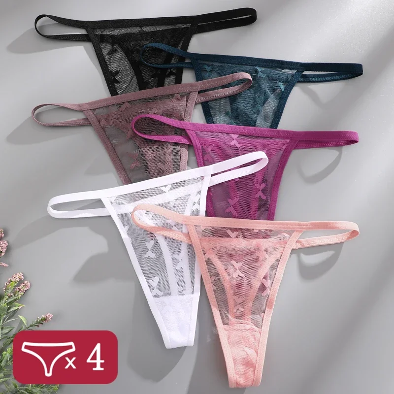 4Pcs/Set Women's Sexy Lace Perspective Thongs Solid Color Breathable Butterfly Elastic G-string Underwear Female Sexy Lingerie