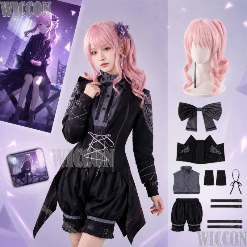 

Akiyama Mizuki Game Project Sekai: Colorful Stage! Cosplay Black Lolita Dress Pink Wig Woman Halloween Party Navidad Carnaval