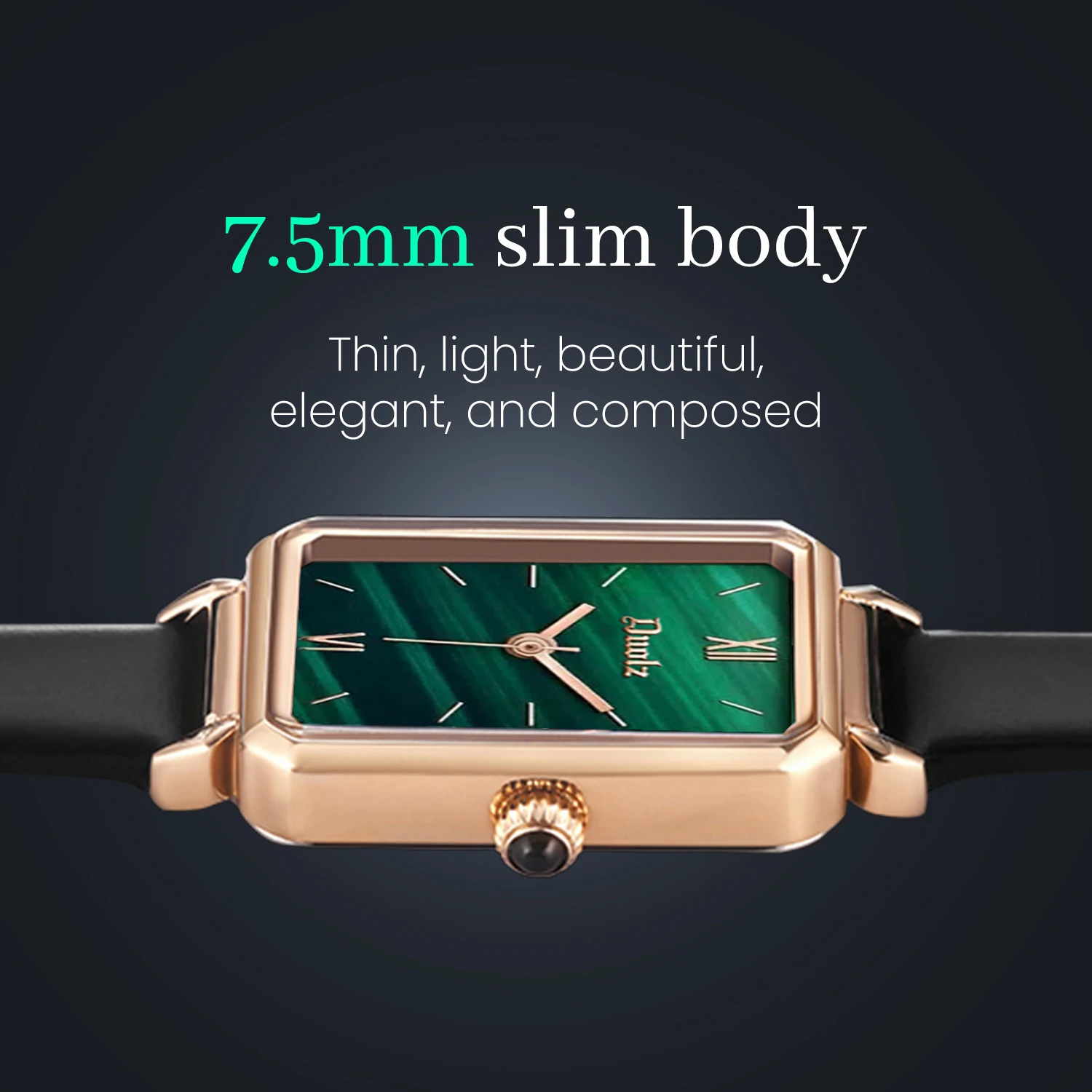 Retro classic peacock green square watch, fashionable and versatile leather strap, compact and waterproof women's watch