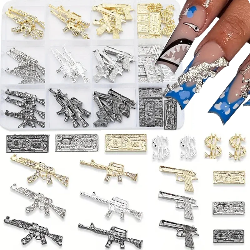 

50PCS Nail Art Charms Set With Vintage Cool Gun And Dollar Designs Compartment Mixed Box, Hypoallergenic - Retro Chic Nail