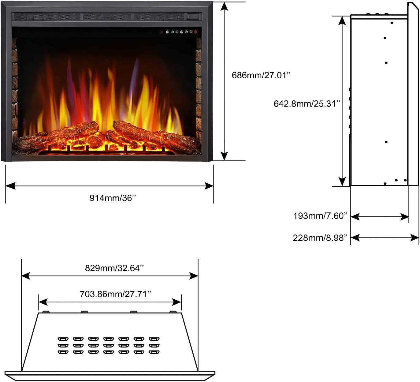 star 36" Electric Fireplace Insert, Freestanding & Recessed Electric Stove Heater, LED Adjustable Flame with Burning F