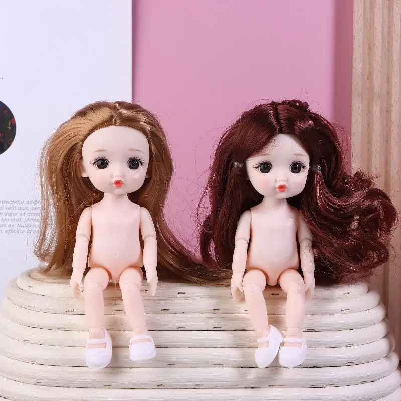 1 Set Nude Doll 3D Simulation Eyes 13 Joints Long Hair 1/8 17cm Doll Plastic Doll Head Toys With Gold Brown Hair Kids Gifts