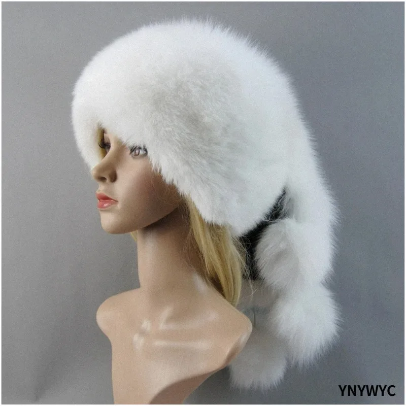 Luxury Women's Dome Mongolian Hat Natural Raccoon Fur Caps Russian Ushanka Aviator Trapper Real Fox Fur Bomber Hat Fox Fur Hats