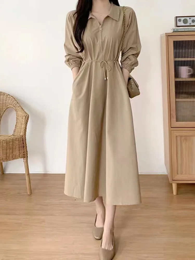 

Элегантное весеннее платье с отложным воротником, поясом, утягивающее, с рукавом три четверти, длинное, женское, модное, для офиса