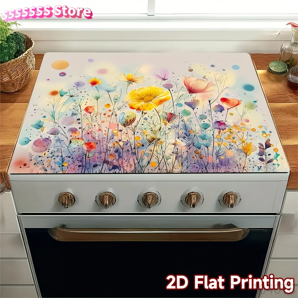 Stove Protector Cover - Glossy Multicolor Tulip & Daisy Floral Print, Fit for Electric Ranges, Induction Cooktops, Glass Cerami