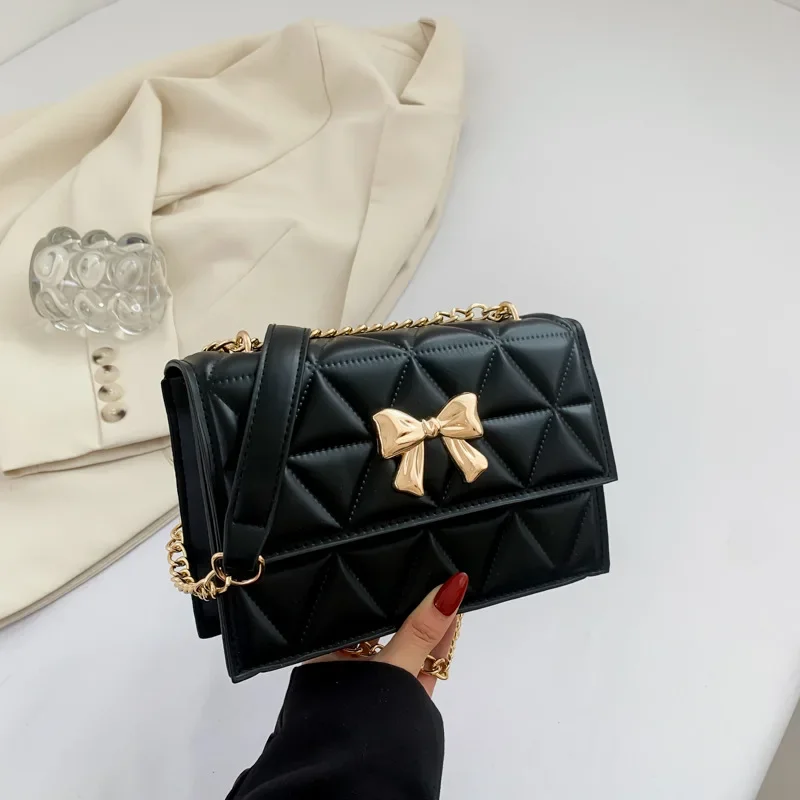 Niche design chain bag women's  spring new trendy bow decoration single shoulder oblique span diamond square bag