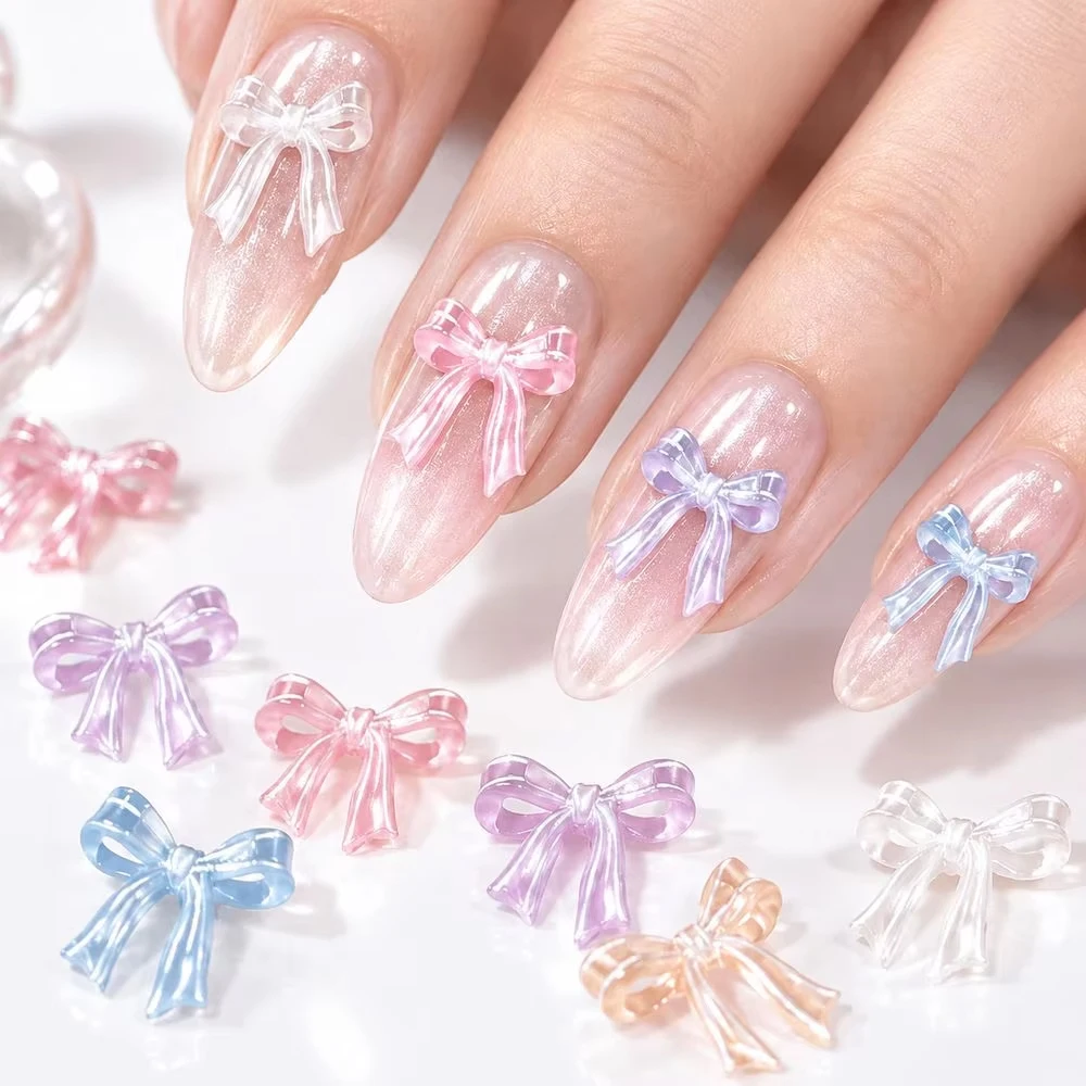 30Pcs Pearl Iridescent Bowknot Nail Art Charm 3D Resin Bow Nail Decoration for Acrylic UV Gel Press On Nails Manicure Supplies