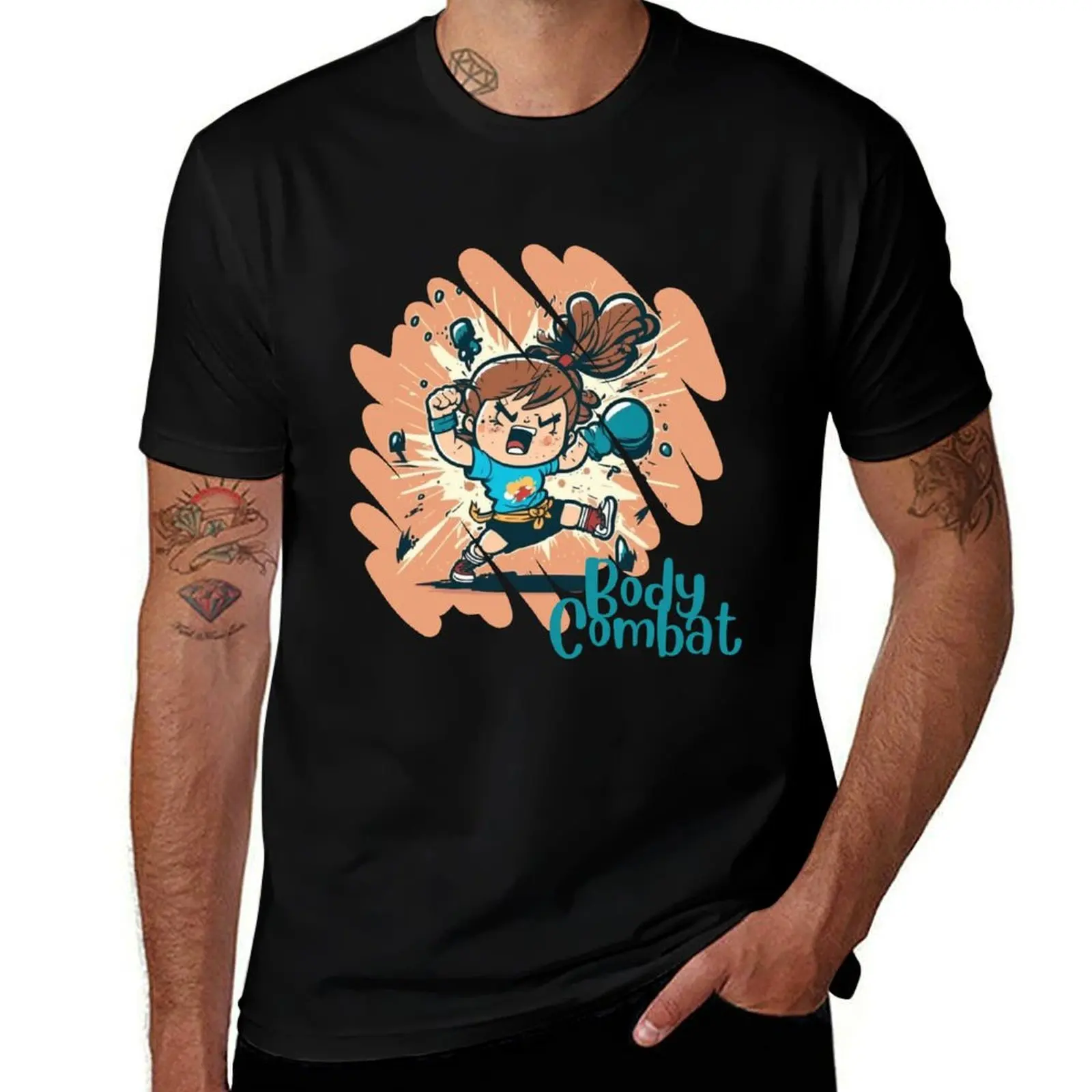 Funny Cartoonish Cute Girl Doing Body Combat Punch T-Shirt Basic Plain Tee for Spring and Summer T-Shirt