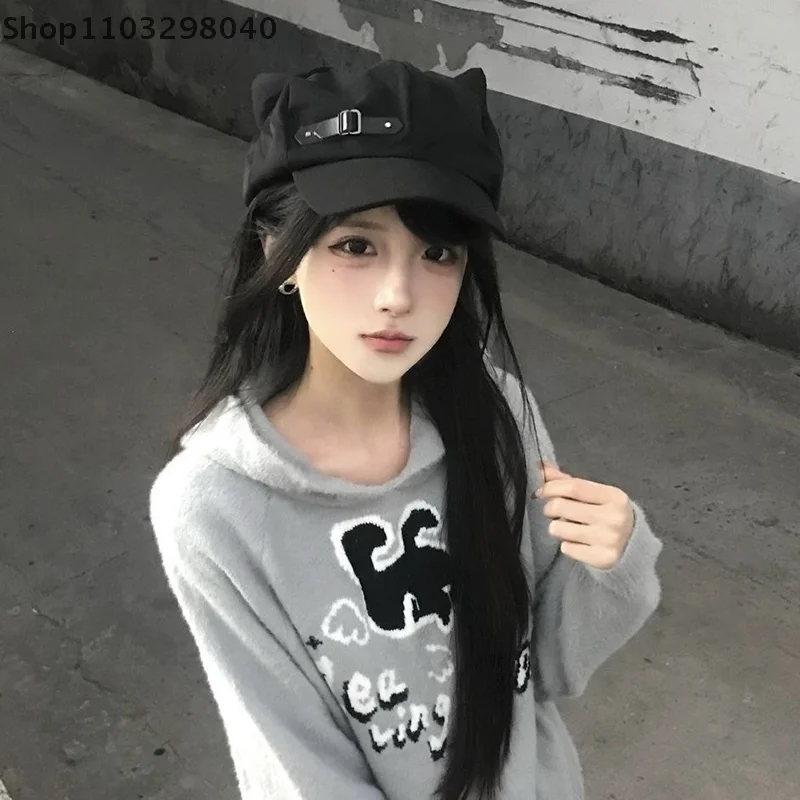 Handgefertigte Damen-Harajuku-inspirierte Gothic-Lolita-Baskenmütze mit Katzenohren, Y2K-ästhetischer Steampunk-Sonnenhut im Punk-Stil mit Reißverschluss für Mädchen