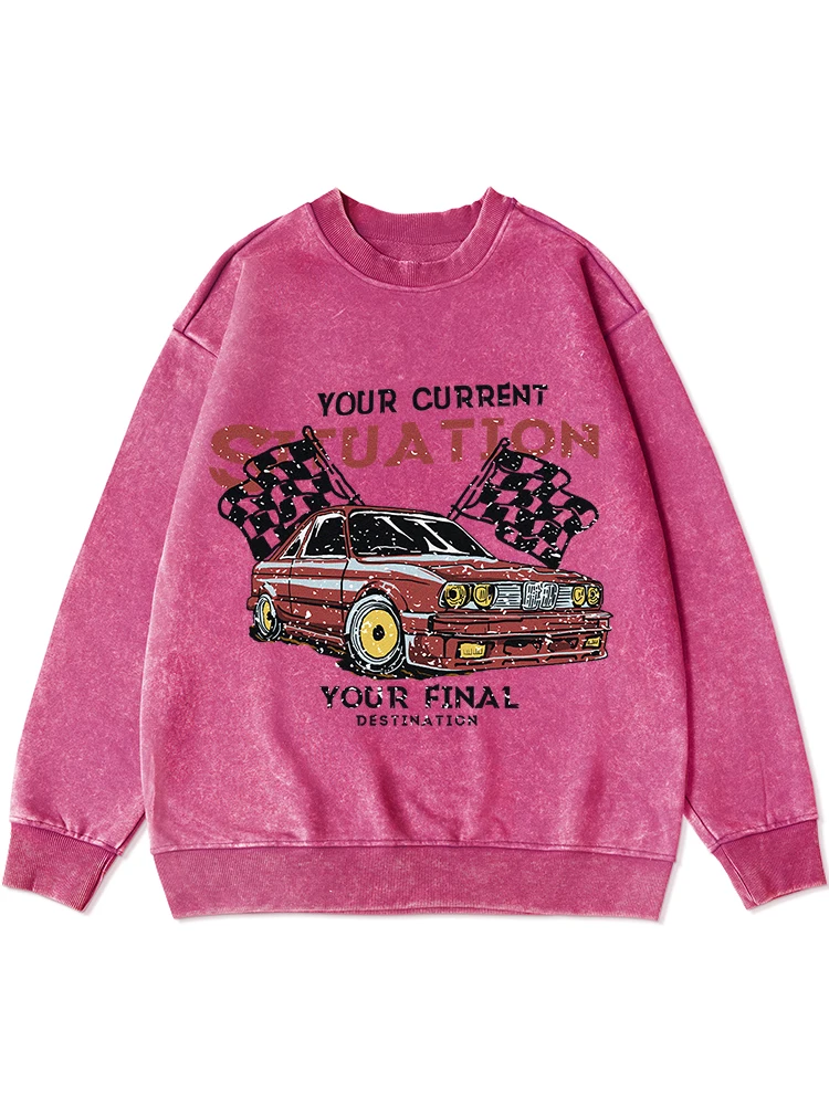 

Your Current Car Pattern Print Male Washed Sweatshirt Distressed Cotton Hooded Fashion Comfortable Hoodies Vintage Crew Neck Top