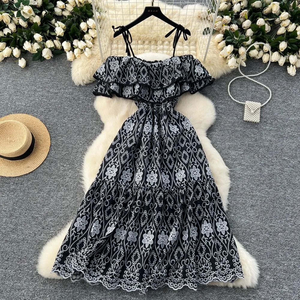 Retro  off shoulder slip ruffle cut out embroidery  Dress Beach Vacation Women Korean Fashion Summer Vestidos dresses