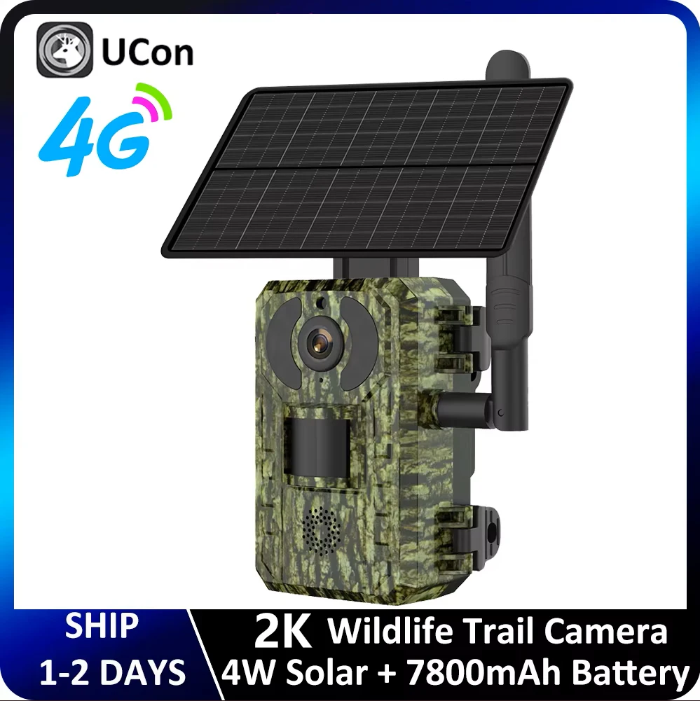 Caméra de chasse UCON APP EU 4G 2K 4W avec batterie 7800mAh, panneau solaire, détection de mouvement PIR, vision nocturne