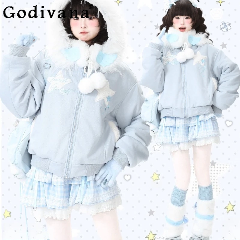 

Хлопковая куртка из овечьей шерсти с вышивкой для женщин, зимнее хлопковое пальто в японском стиле, женские милые парки в стиле Лолиты с длинными рукавами