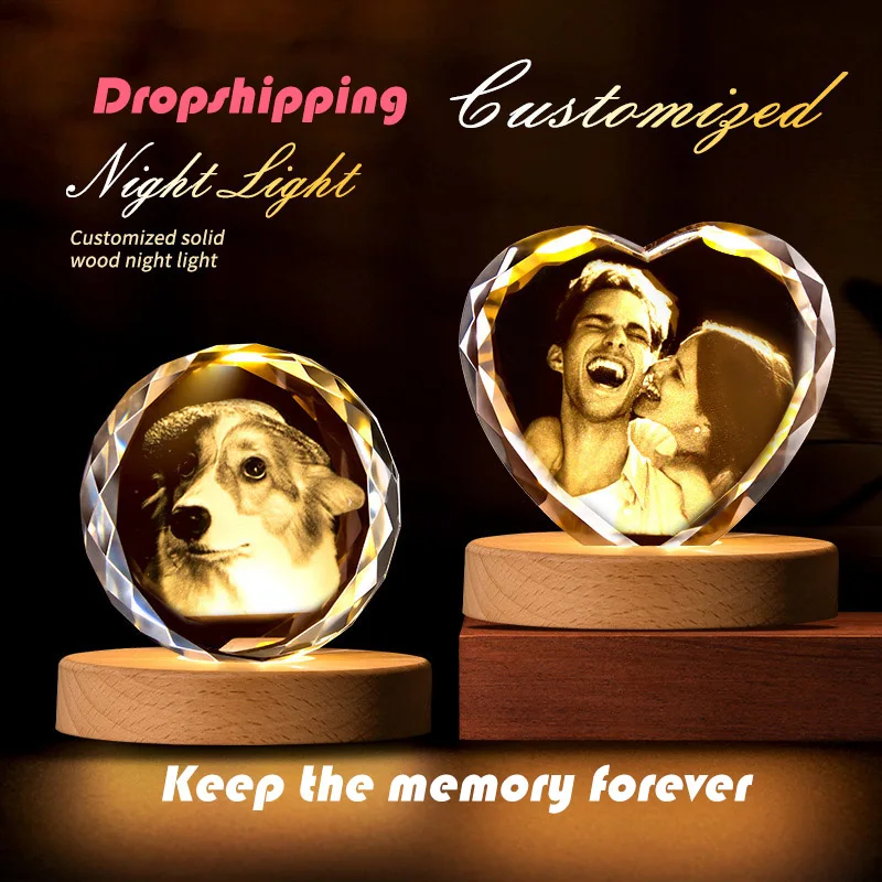 

Индивидуальные "Креативные подарки на годовщину, круглые квадратные хрустальные ночные лампы в форме сердца, лазерная гравировка/печать, украшение дома