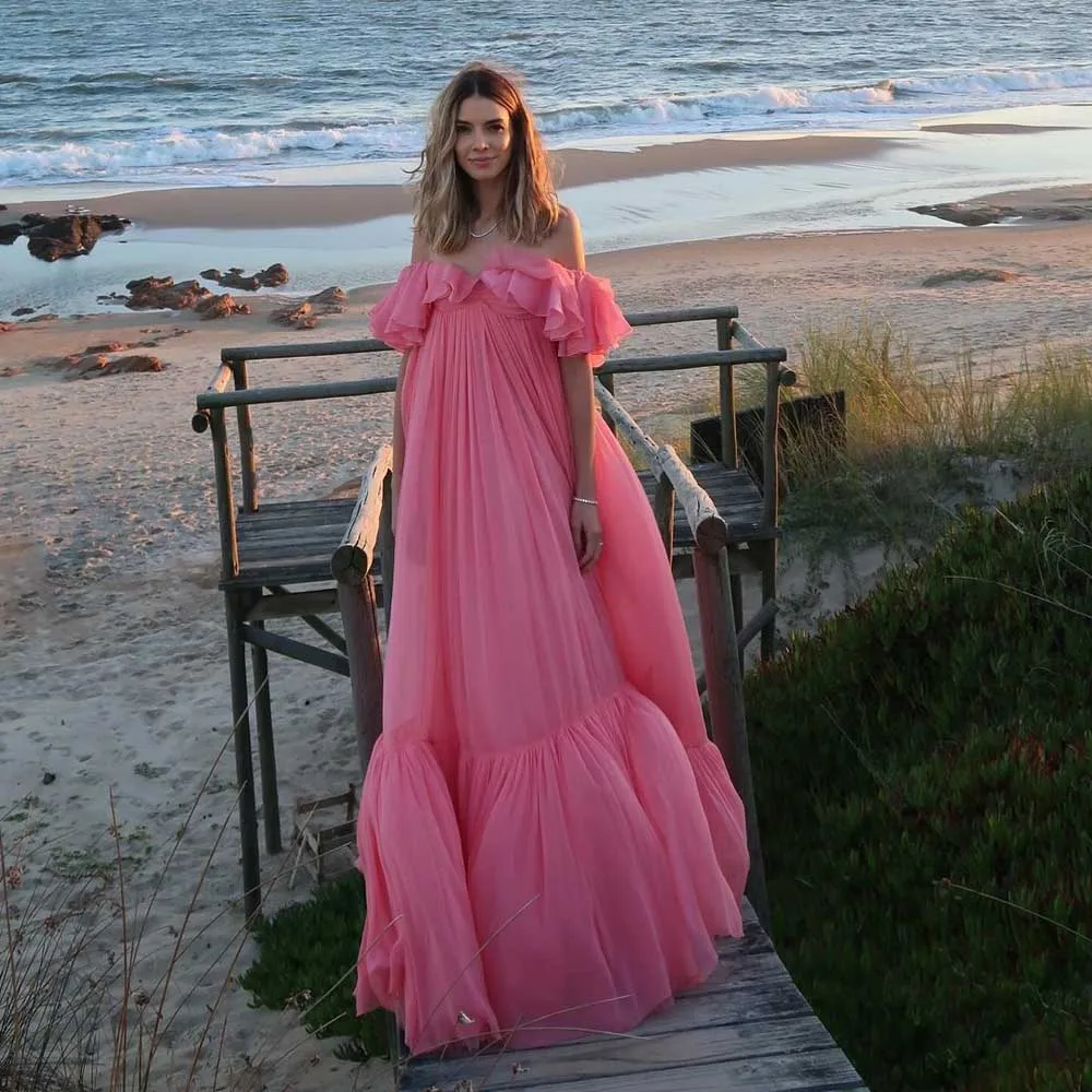 Pretty Pink Summer Chiffon Long Dress 2024 New Custom Made Off Shoulder Women Party Dresses Prom Maxi Dress Event Wedding Gown