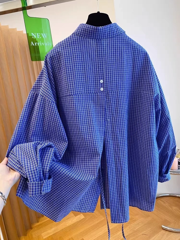 Loose Women's Blue Plaid Shirt Back Slit Design Spring Fashionable Belted Casual Long Sleeve Comfortable Breathable Button up