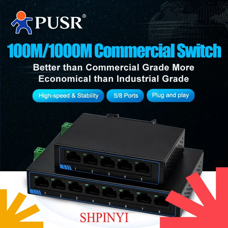 PUSR 5/8 Ports 10/100/1000Mbps Gigabit Ethernet Unmanaged Switch DC or Terminal Power Supply Plug and Play USR-SG1005/1008