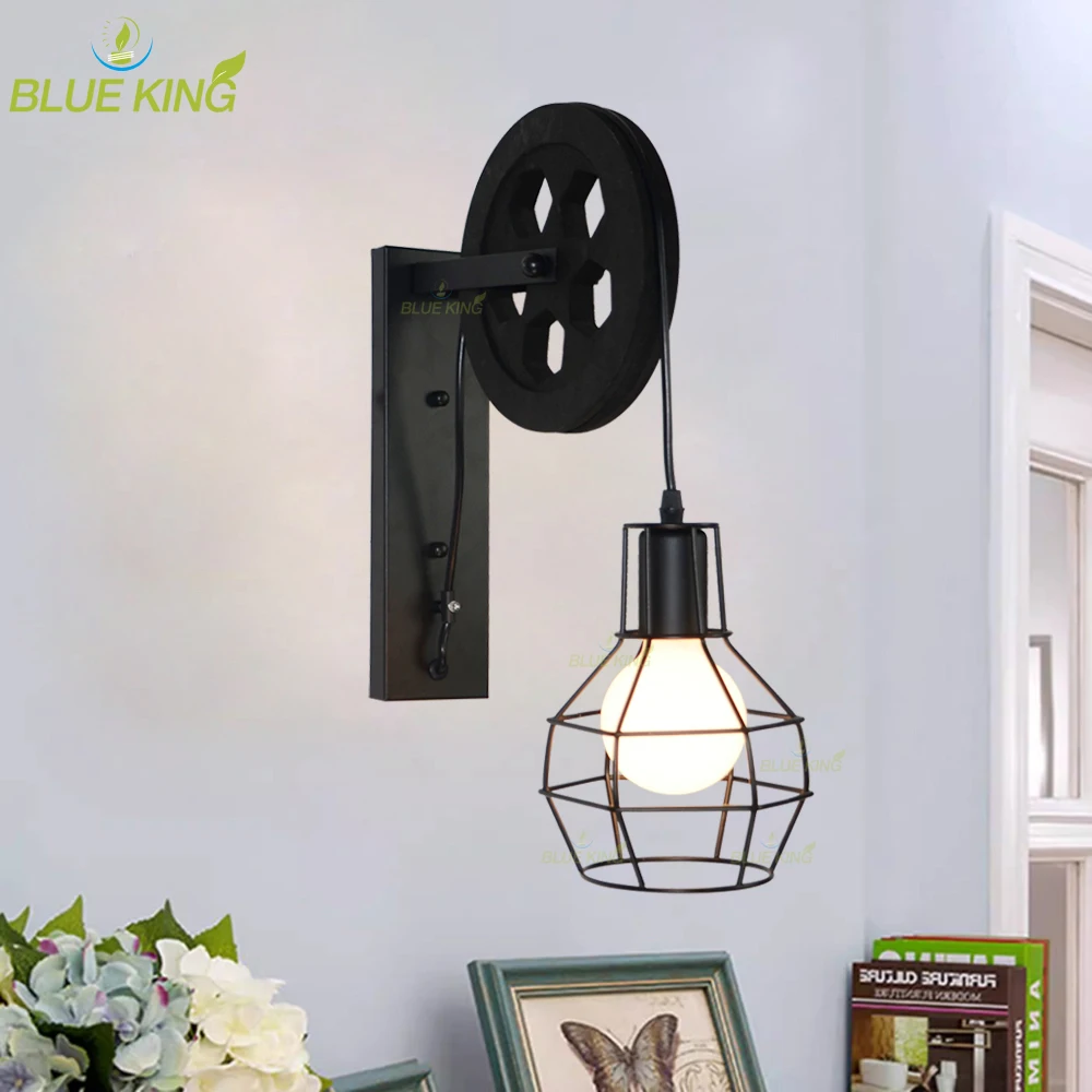

American Style Retro Industrial LED Wall Lamp Creative Iron Pulley Adjustable Corridor Coffee Restaurant Home Decor Wall Lights