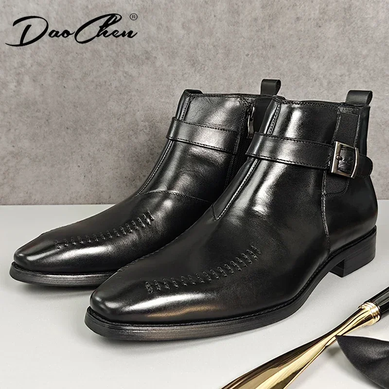 LUXURY MENS ANKLE BOOTS SHOES BLACK BUCKLE STRAP GENUINE LEATHER SLIP ON CHELSEA BOOTS CASUAL DRESS MAN SHOES LEATHER BOOTS MEN