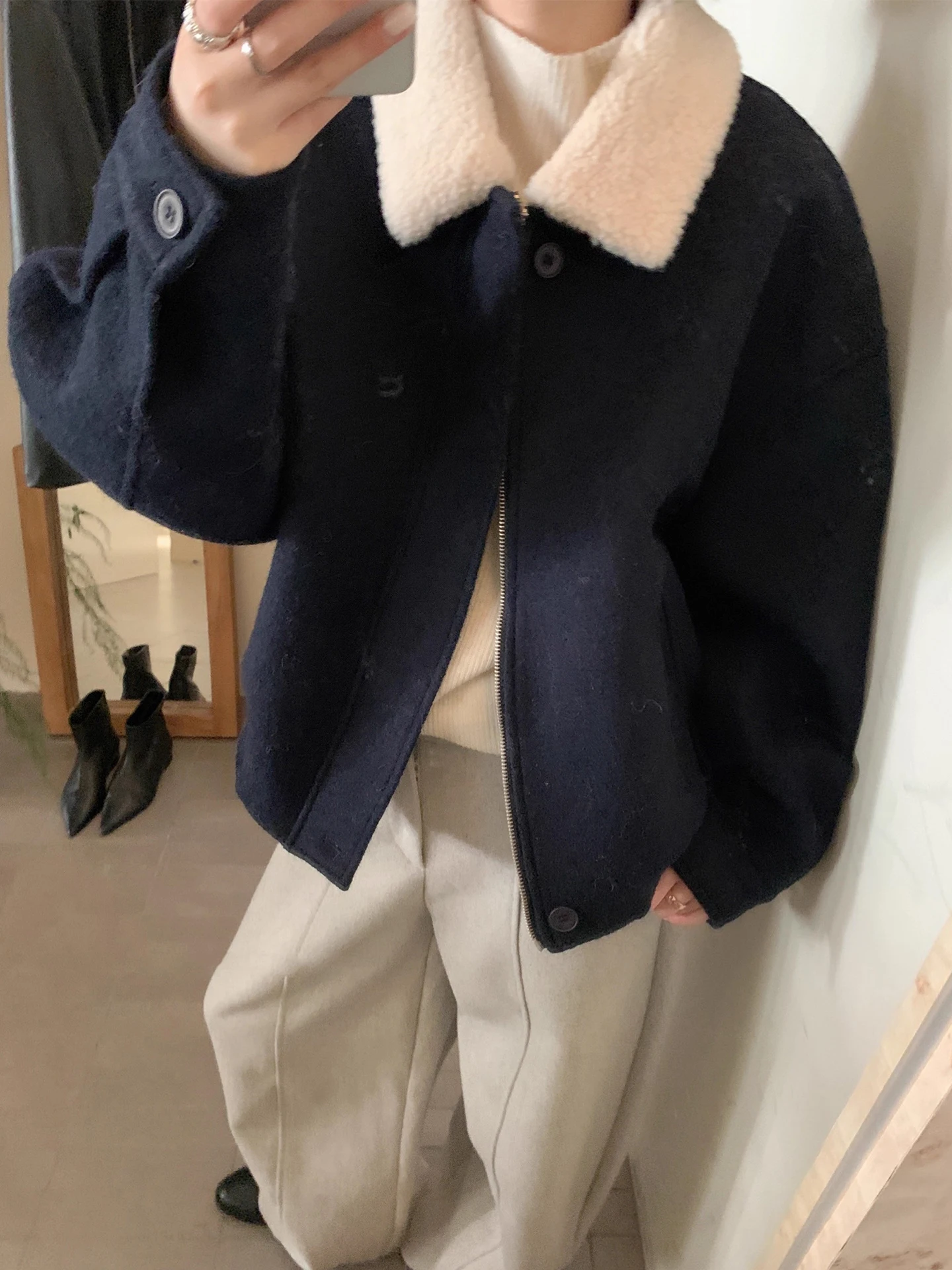 

Ретро лоскутный воротник из меха ягненка, универсальный теплый шерстяной тюнер, женский свободный топ, зимнее новое поступление, верхняя часть тела