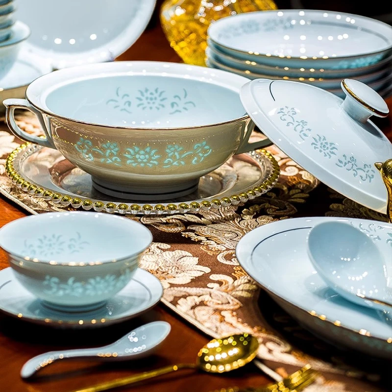 Underglaze Colour Dinnerware Set Celadon Linglong Porcelain Bowl Plate Dinnerware Set Household Bone China Tableware Set Gift - Image 5