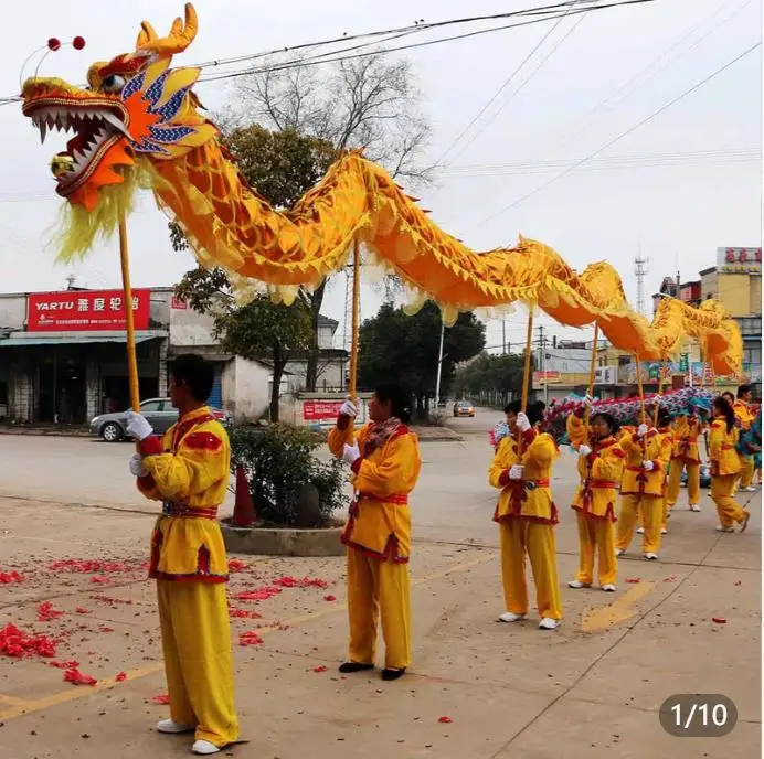 China Tradition dragon 10m Golden  dance Adult Costume 6 Players Show Party Festival Performance Parade Folk Stage