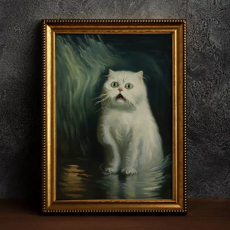 1pc frameless Canvas Painting Retro Abstract Gothic Scared Cat Canvas Wall Art Print, Frameless Victorian Vampire, Witchy Poster