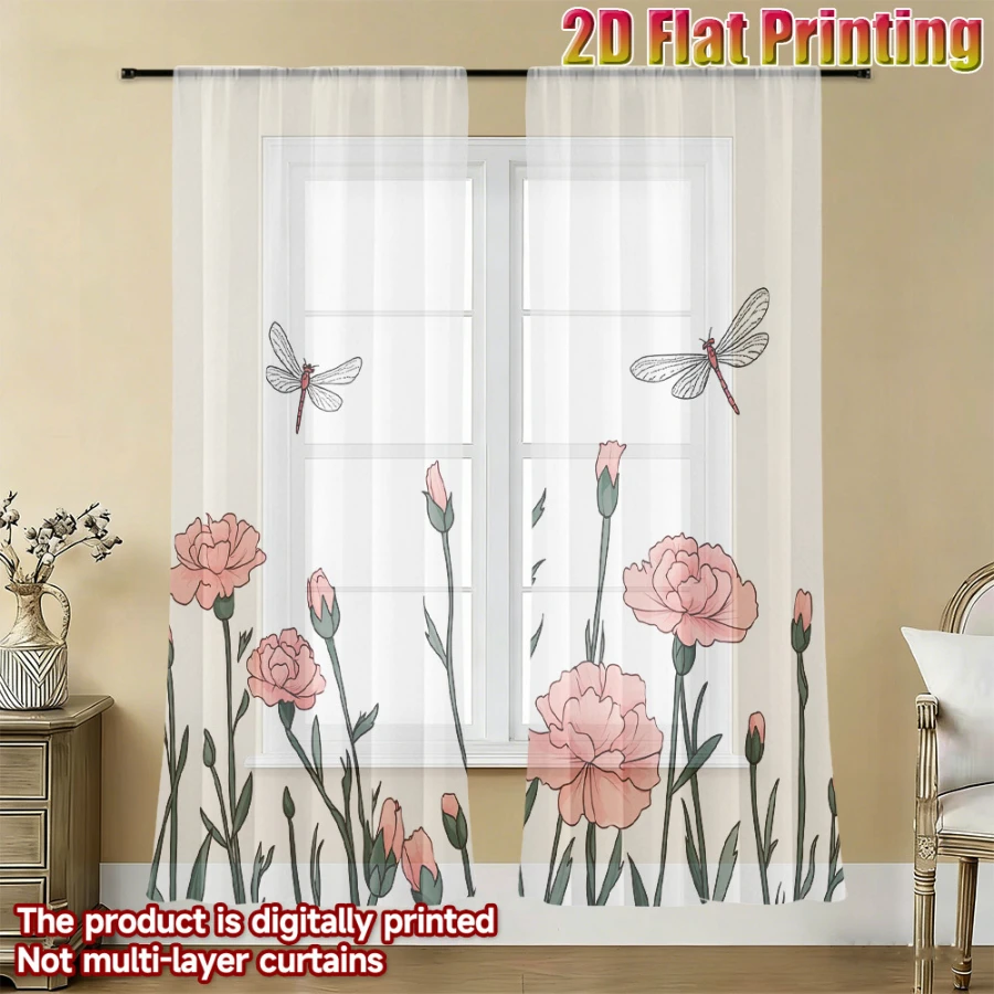 2PCS Digital Printed Sheer Curtain, Dragonfly Flower Story, Whimsical Nature Garden Tale for Living Room Bedroom Home Decor