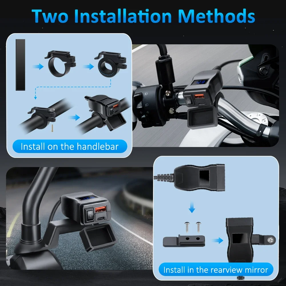 Anchtek Motorcycle Vehicle-Mounted Charger Waterproof Adapter 12V Phone USB PD Ports Quick Charge 3.0 With Switch Moto Accessory