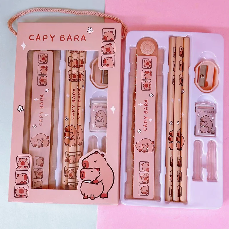 8 In 1 Capybara Cartoon Animals Pencil Ruler Eraser Sharpener Stationery Set Student School Office Writing Supplies Kids Gift