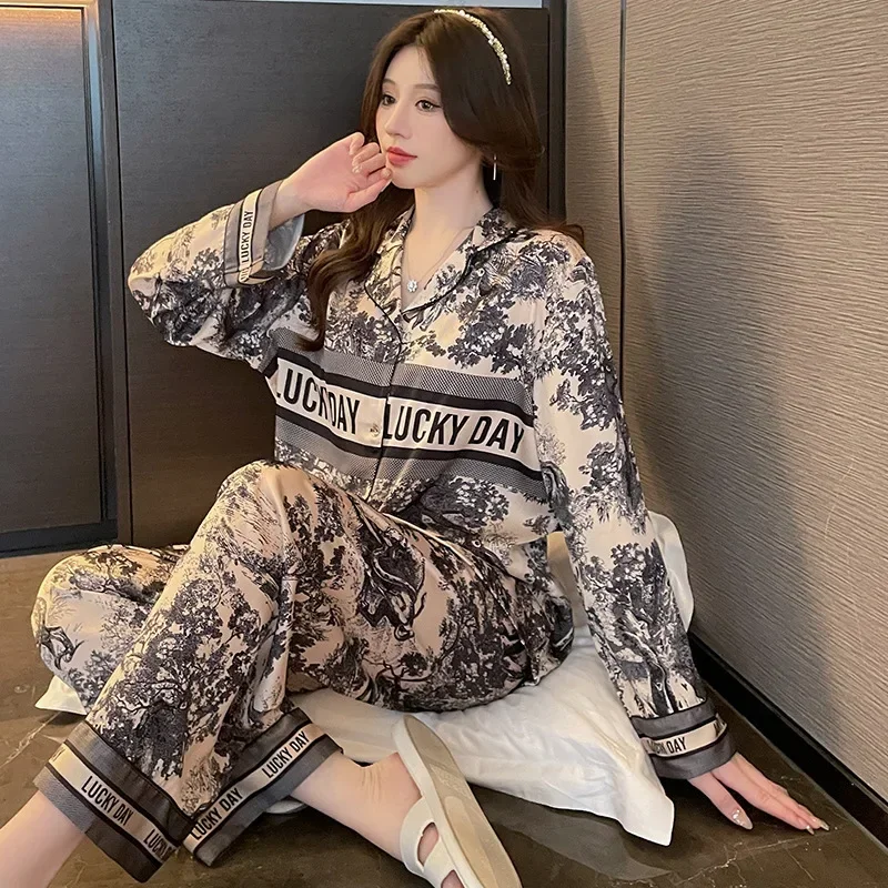 Spring Autumn New satin silk pajamas for women fashion long sleeve long pants high grade elegant comfortable lapel loungewear