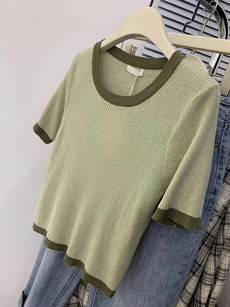 Women Summer New Short Sleeve T-shirt Fashion Casual Short Tops Harajuku Vintage Slim Fit Solid Color Tops