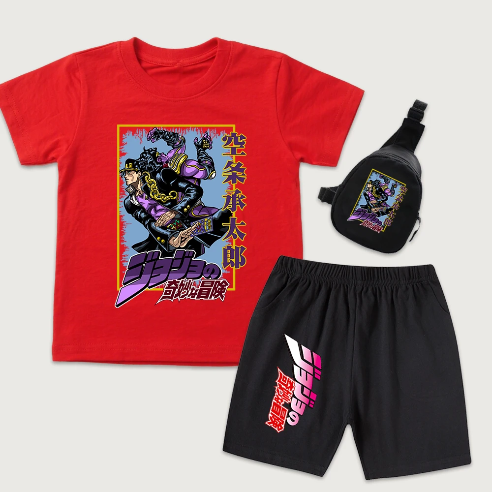 Jojo Jotaro Anime Print Kids Cotton T Shirt Shorts Mini Chest Bag 3pcs Set for Boys Girls Summer Casual Outfit