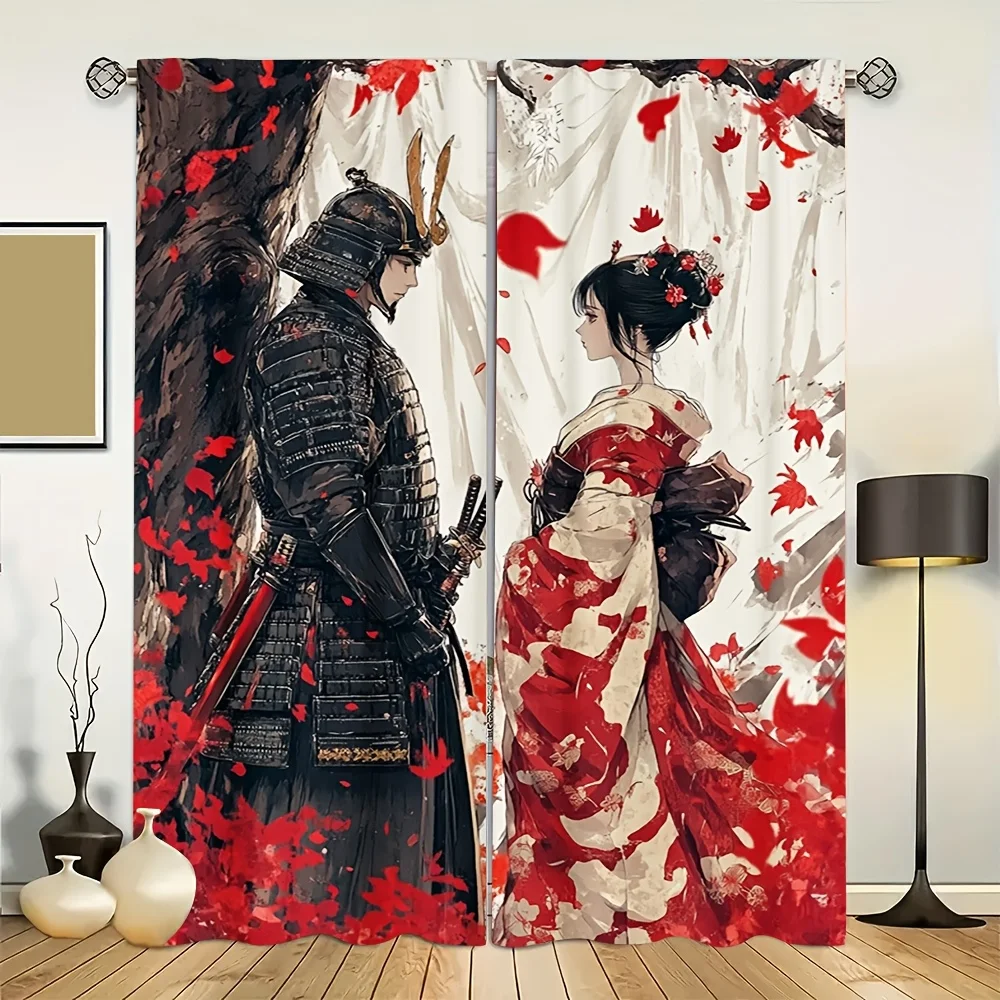 Maple Samurai Geisha Curtain 2 Panels, Armored Warrior Kimono Lady Red Fall Leaf Ink Print, Drapes for Bedroom Japanese Curtain
