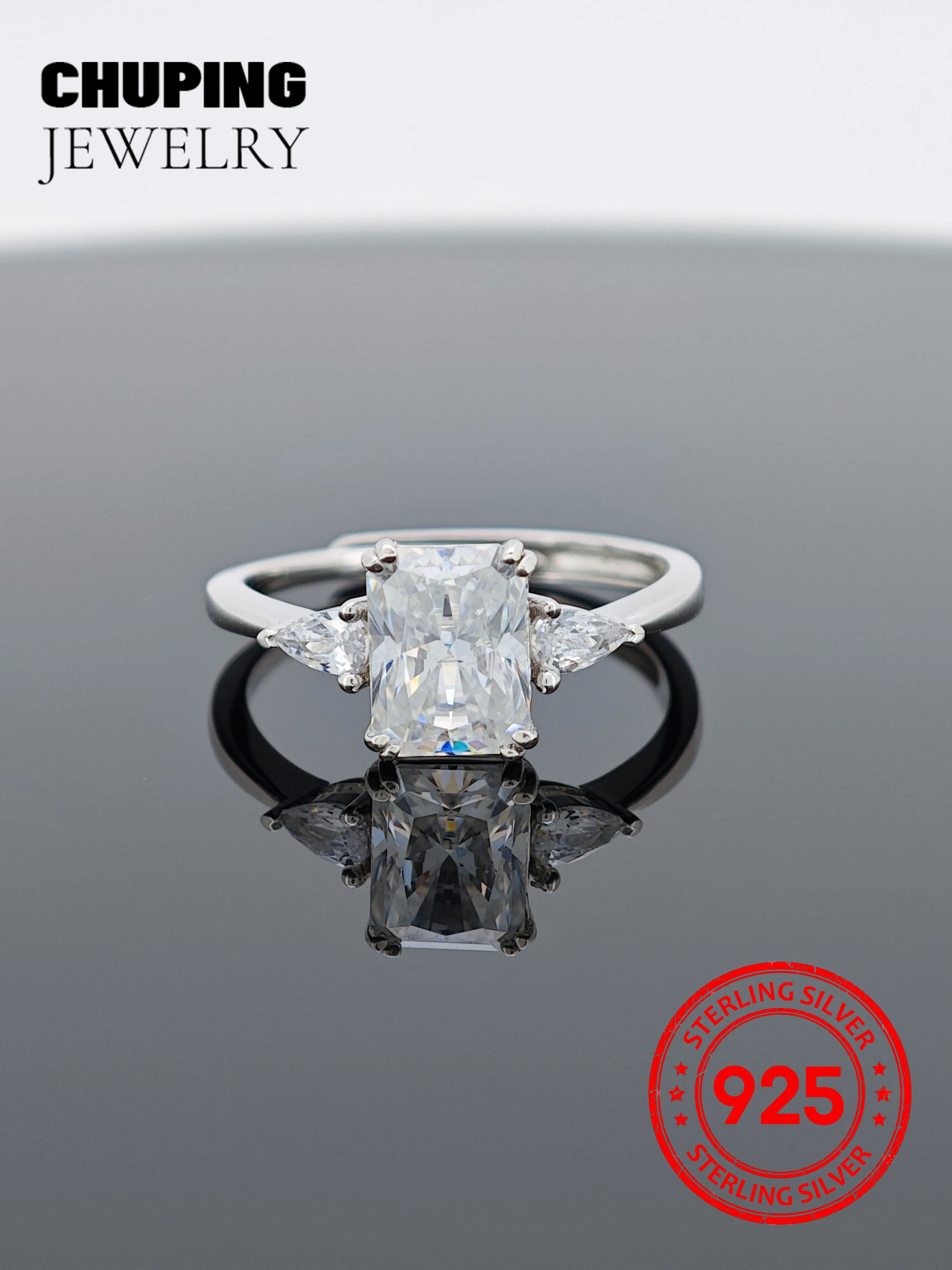 

Chu Ping Fine Jewelry Moissanite Stone Octagonal Cut 6*8mm 925 Silver Ring Resizable For Party Exquisite Dressup Engagement Gift