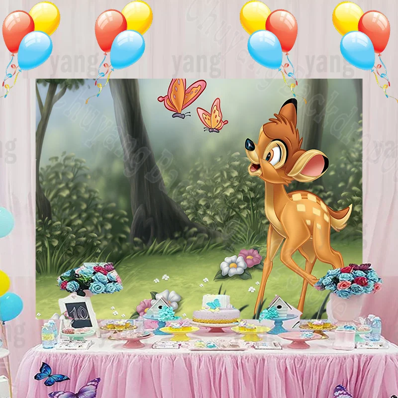 Custom Disney Princess Birthday Party Backdrops Decoration Bambi of Fawn Romantic Pink Butterfly Jungle Forest Background Banner