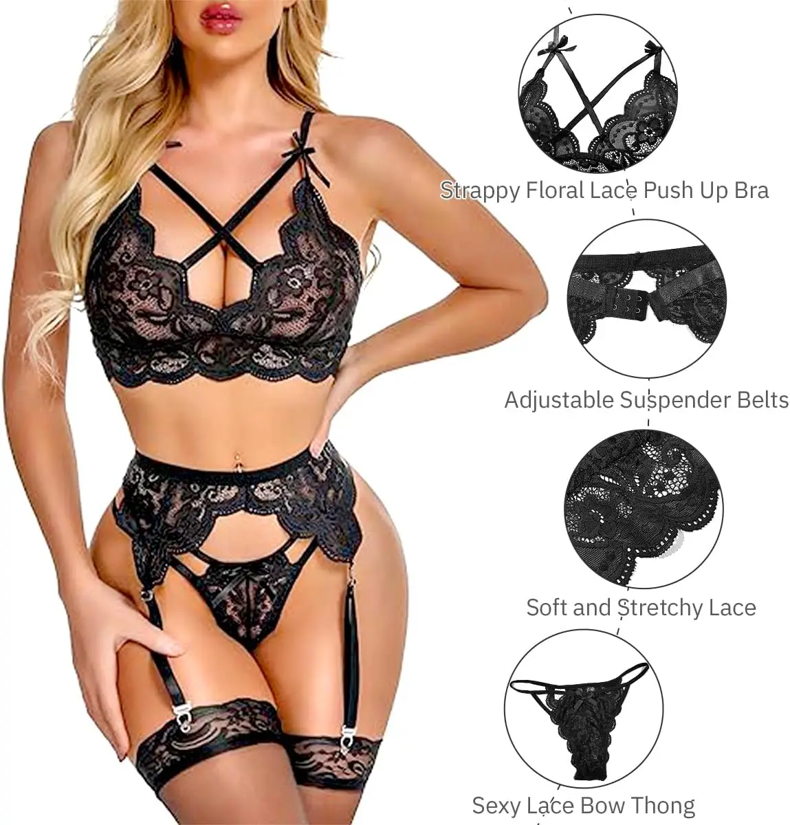 Women\'s Lingerie Set 3 Pc with Garter Belt Lace Bra and Panties Set High Waisted Suspenders Babydoll Deep V Sleepwear for Women