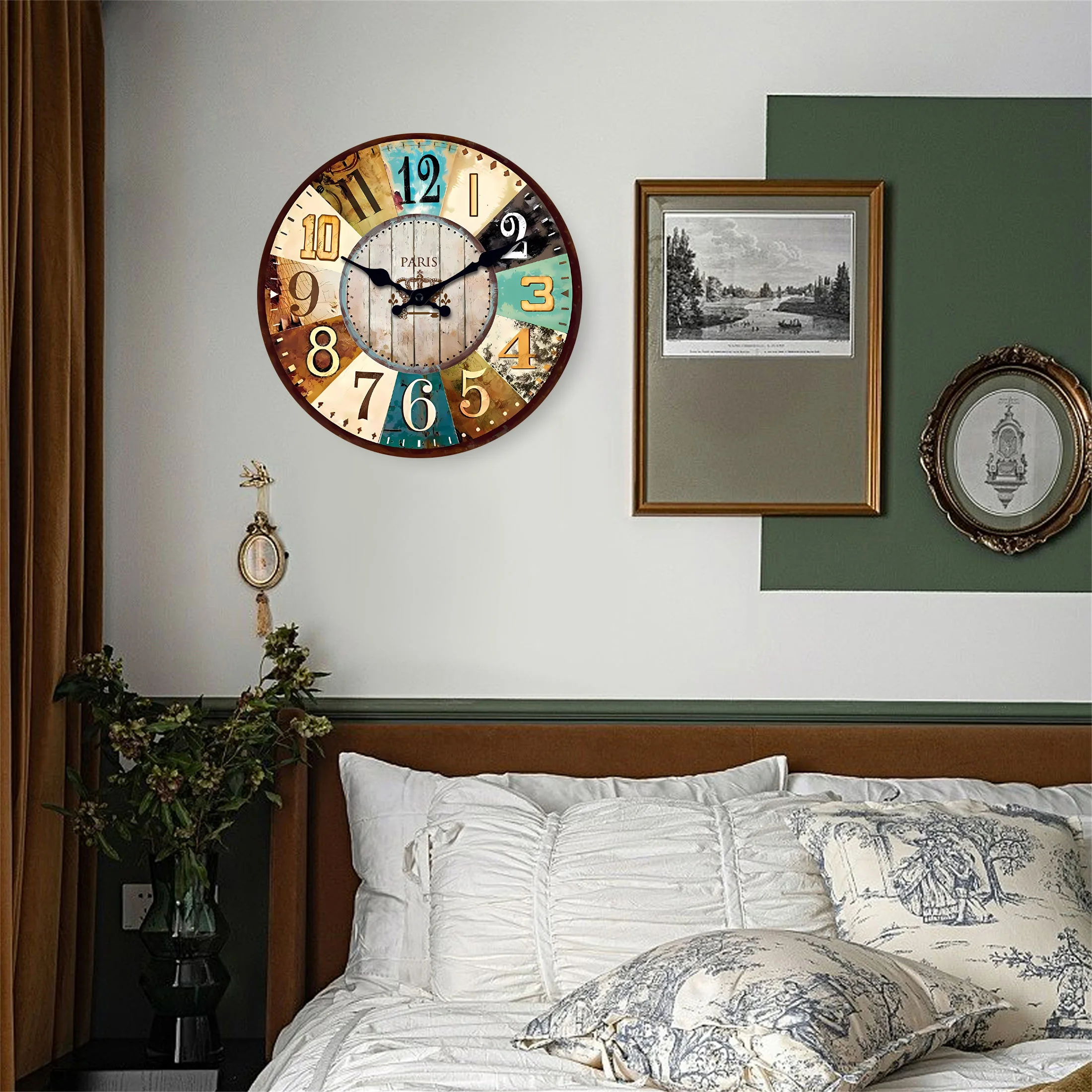 Vintage Mediterranean Wooden Wall Clock Living Room Bedroom Kitchen Home Decor Silent Quartz Clock Holiday Gift 10-Inch 12-Inch 14inch 16inch (No