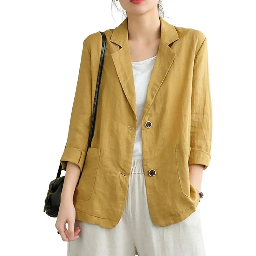 Cotton Linen Blazers Women Oversized Loose Notched Button Up Thin Blazer Coat Solid Color Long Sleeve Casual Office Jackets