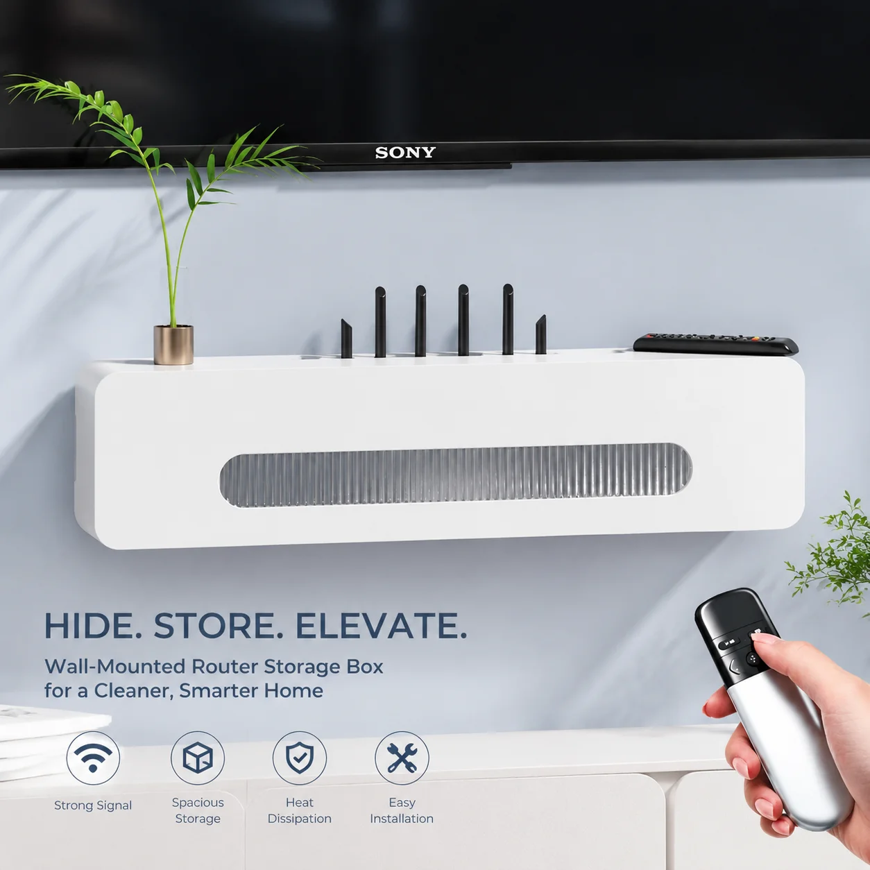 Wall-Mounted Router Storage Box with Flip-Top Wood Cover, No-Drill Installation, Eco-Friendly Cable Organizer