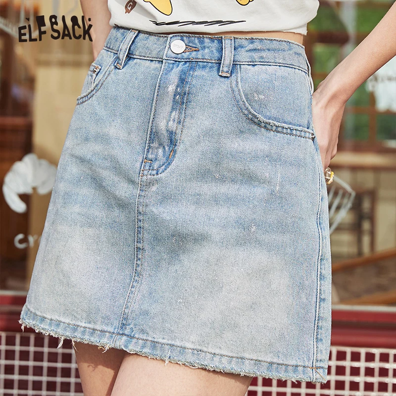 

ELFSACK 2024 Summer New High Waist A-line Short Denim Skirt Women's Versatile Slim Wrapped Hip Skirt