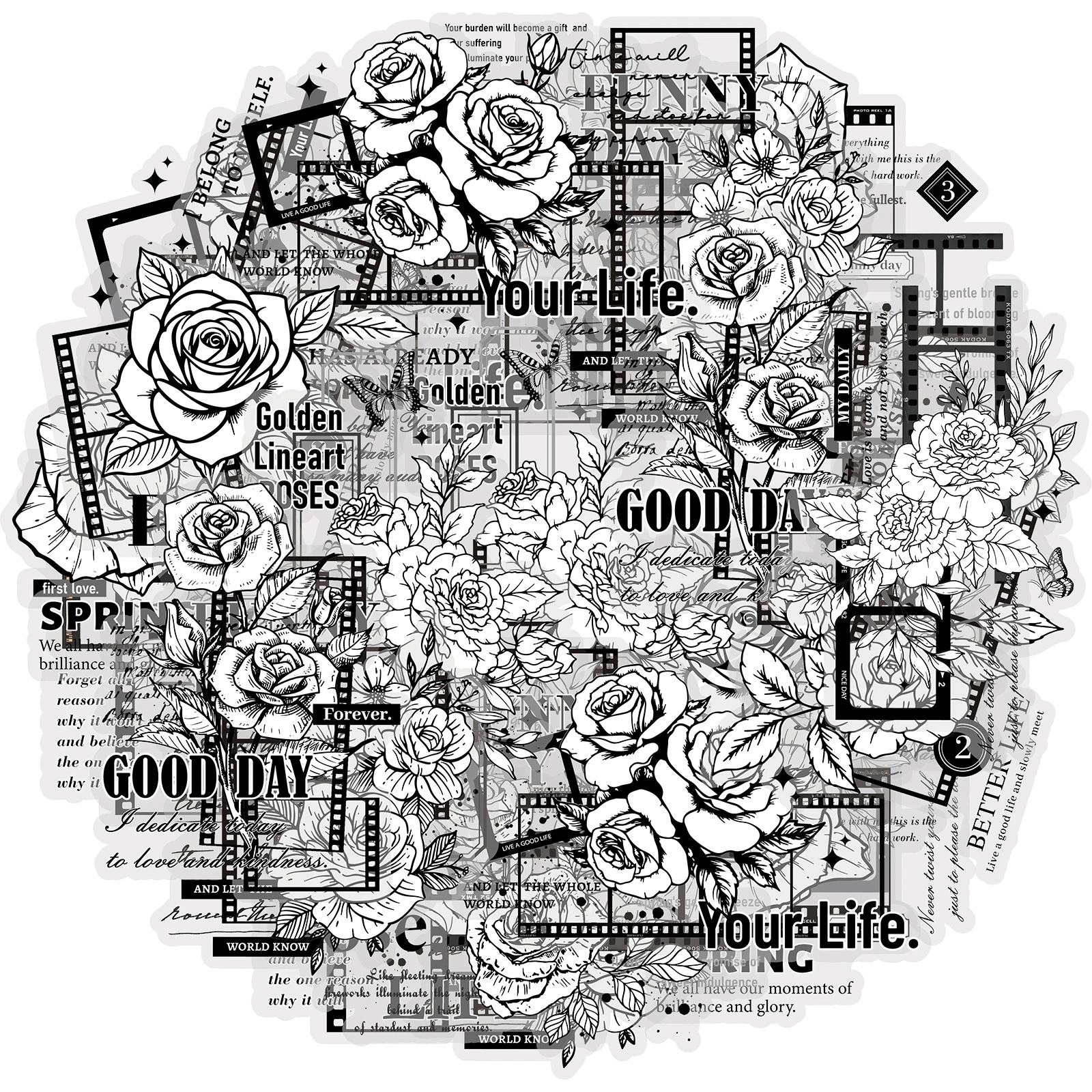 Etori Life 10Pcs Vintage Film Style Rose Hand-Painted Sticker Pack Black and White Bouquet English Journal DIY Collage Stickers Suitable for Laptops, Handbags, Photo Albums, Budget Books, Notepads, Pencil Cases, Pen Holders, Helmets, Bicycles, Scrapbooking Supplies, Office Decor Accessories, Room Decoration, DIY Crafts, Gift Paper Bags, School Supplies, Back-To-School Season, Cycling Decals