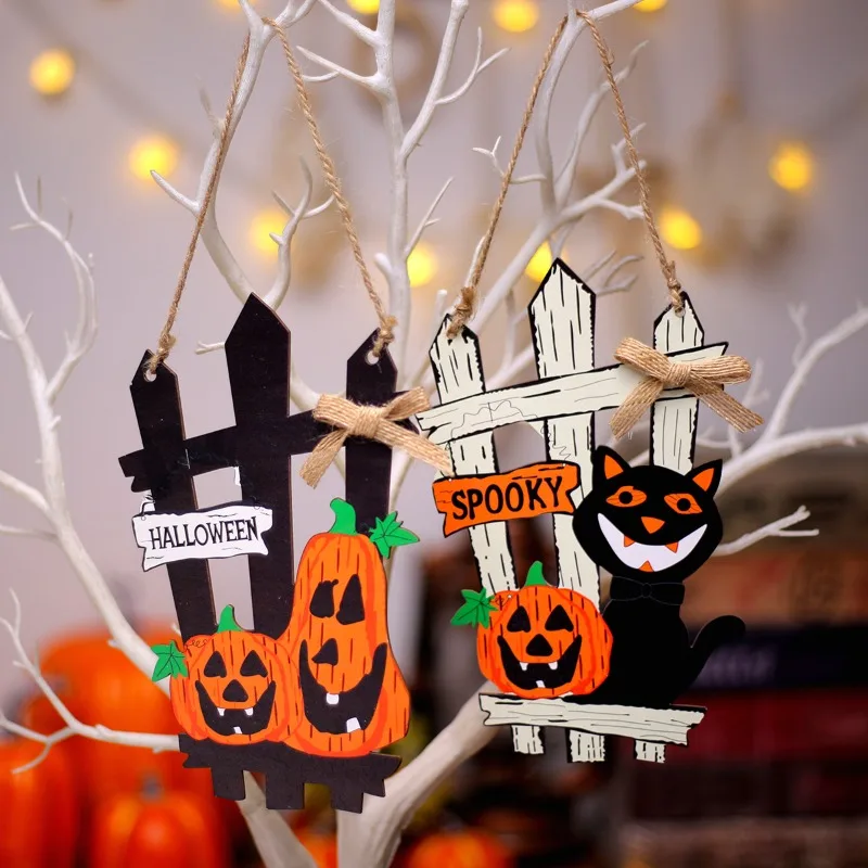 

2PCS Halloween Decoration Wooden Door Sign Pumpkin Black Cat Happy Halloween Sign Hanging Wooden for Holiday Party Decorations