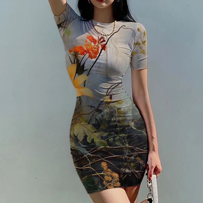 Summer new lady slim dress flower 3D printed lady dress retro painting style ladies slim dress trend fashion ladies slim dress