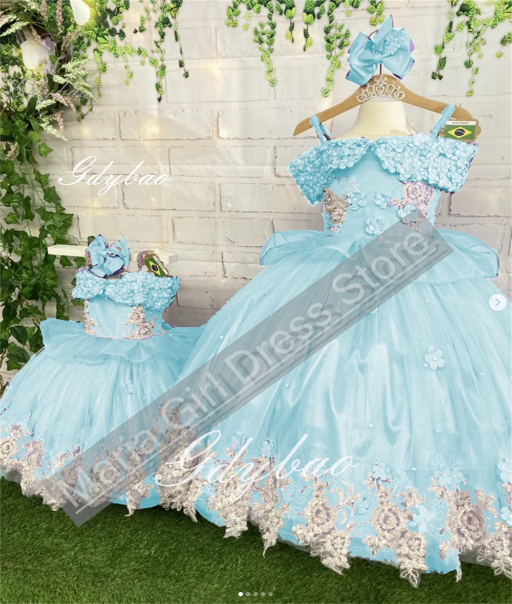 Light Purple Mesh 3D Flower Flower Girl Dress White Lace Appliqué For Little Girl Birthday Wedding Party Dress