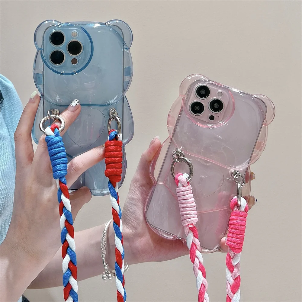 3D Bear Shockproof Crossbody Lanyard Phone Case For iPhone 14 13 12 11 Pro Max XS XR Colorful Braided Twisted Rope Cartoon Cover