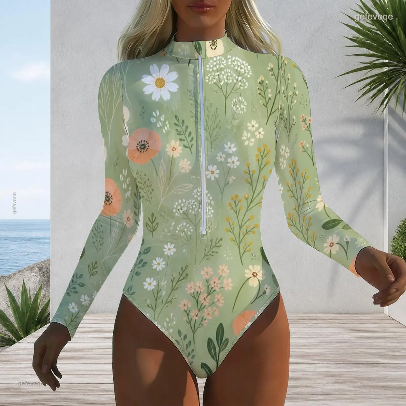 Women Swimsuit with Print High Neck Front Zip Long Sleeve One Piece