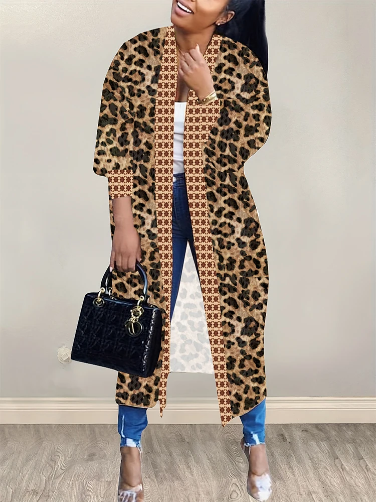 Plus Size 2024 Autumn And Winter New Leopard Print Cardigan Jacket No Doorstop Long Personalized Wind Loose Women's Jacket