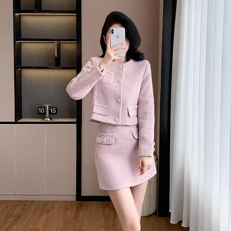 Pink purple women's tweed 2-pcs set round neck jacket+A-line short skirt 2024 autumn and winter small fragrance style set