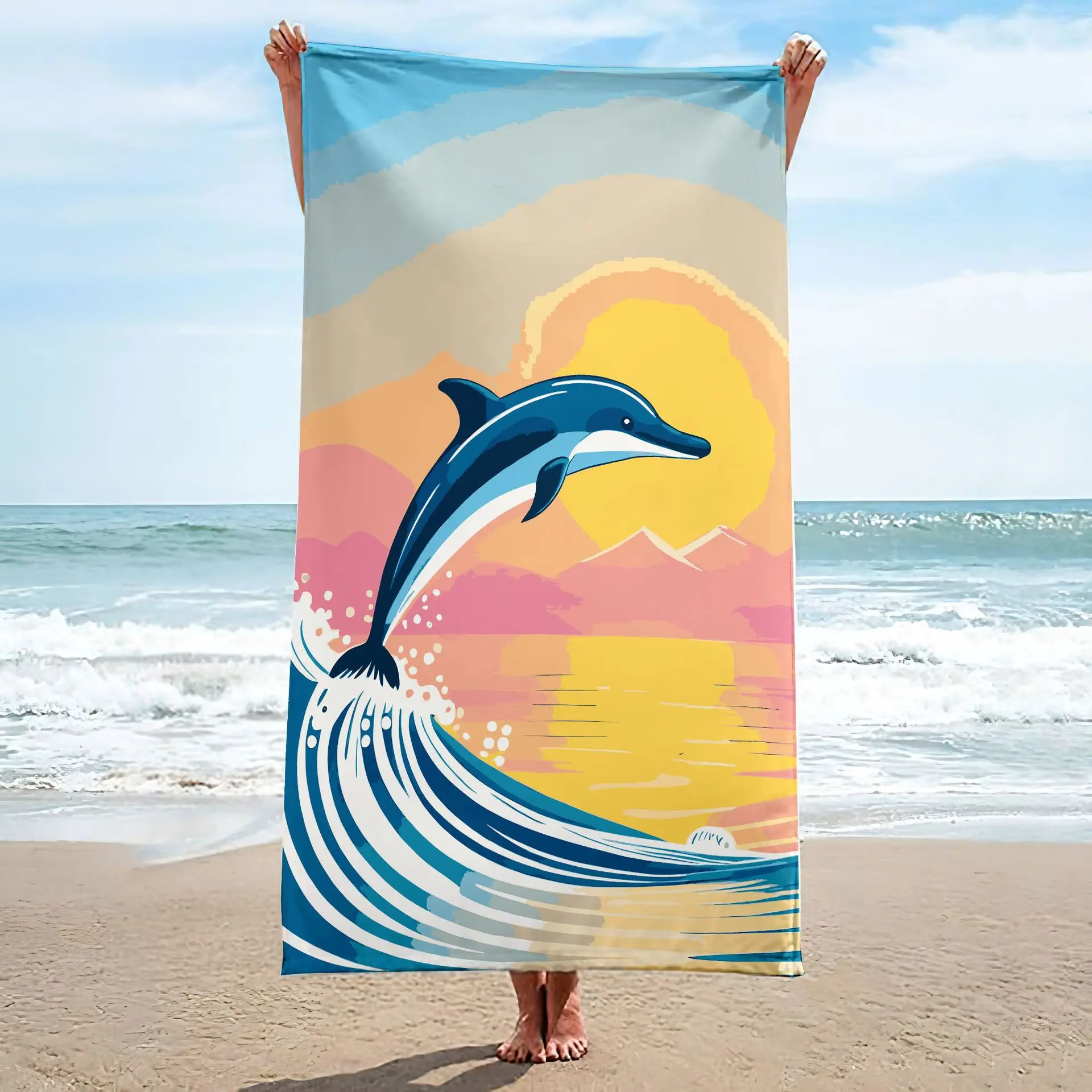 Dolphin Jumping at Sunset Beach Towel Patterned Sunscreen And Windproof Suitable For Swimming Pool Camping Travel Blanket